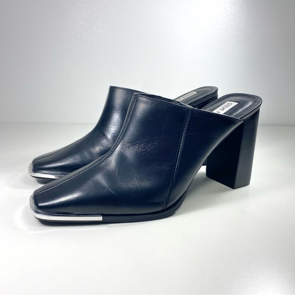 Steve Madden Playa Black Leather Slip On Heeled Mules Slides Silver Tips 9.5 - Picture 2 of 10
